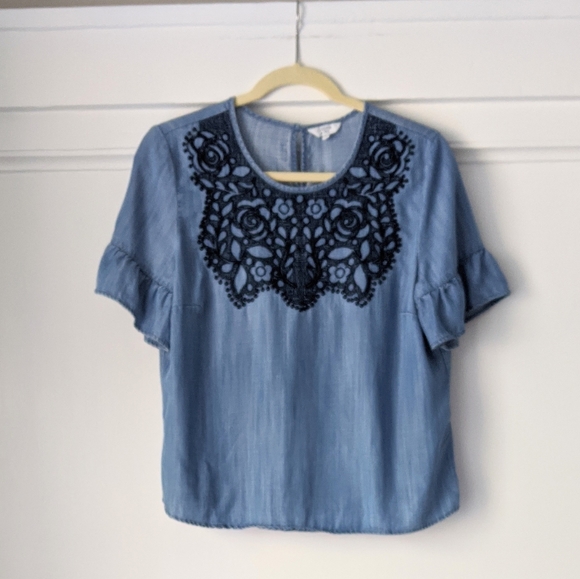 Crown and Ivy Chambray Lace Embroidered Top - Picture 1 of 5